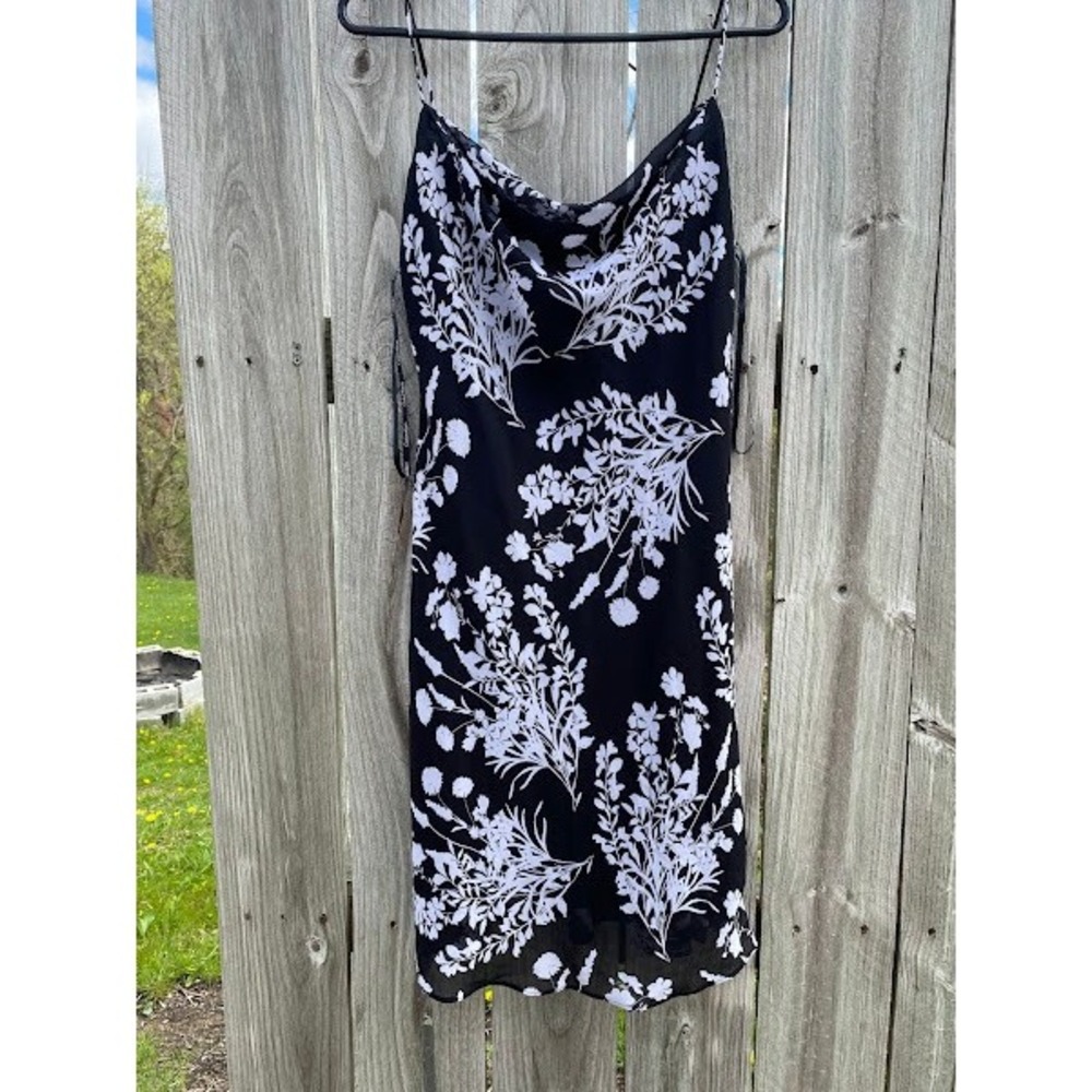 Calvin Klein Womens Black White Floral Cowl Neck Slip Dress Chiffon Midi Strappy